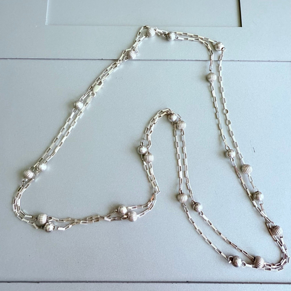 Sterling 925 Silver 6mm Bead Paperclip Link Station IBB Italy Long Necklace 50" - Picture 2 of 10